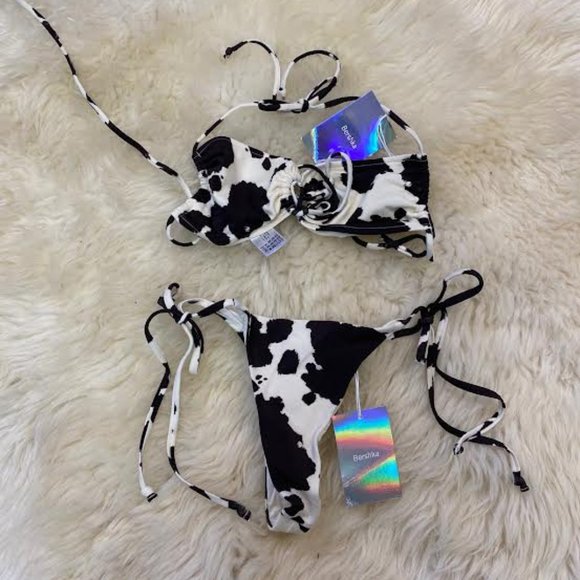 NWT BERSHKA SWIM cow print SEXY bikini SET Top & Bottom Cream Brown - Picture 9 of 9
